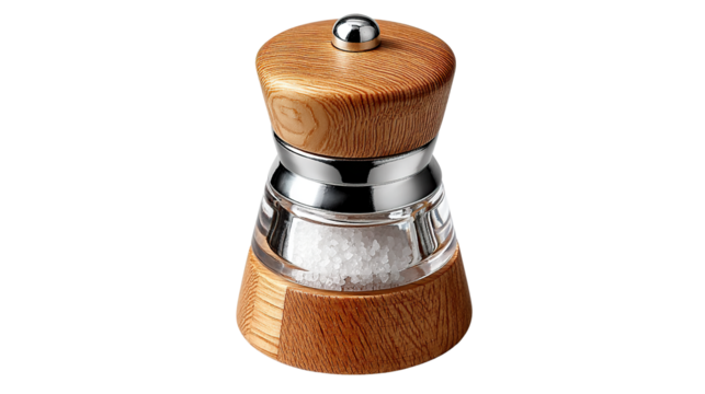Salt Grinder's Essence: An up-close look at a salt grinder, combining elegance and function. Wood and clear glass converge, holding granular salt to elevate culinary and dining experience