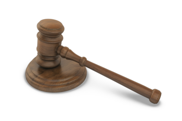 Gavel: A striking depiction of a wooden gavel, resting on a matching base, symbolizing justice and authority, ready to administer order in a courtroom.