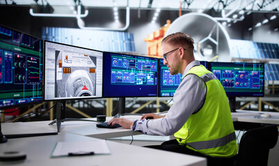 Man Designing Satellite Model On Computer Screen With Solar Panels