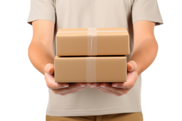 Delivery Service: A person holds two packages, possibly for delivery, signifying shipping, and logistics. This photorealistic image would suit advertising needs