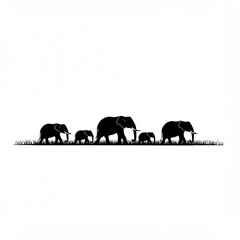 Silhouette of an elephant family walking in a line through the savanna grass.