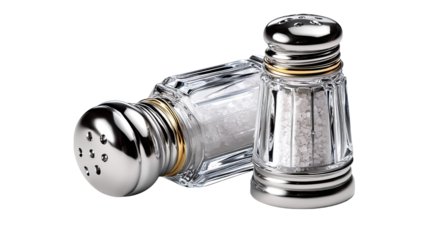 Salt Shakers in Elegant Design: A photorealistic depiction of two sophisticated salt shakers, each glistening with crystal clear elegance, offering a visual feast of culinary appeal. 