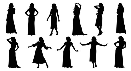 Elegant women silhouettes wearing fashionable gowns posing gracefully for sophisticated style concepts