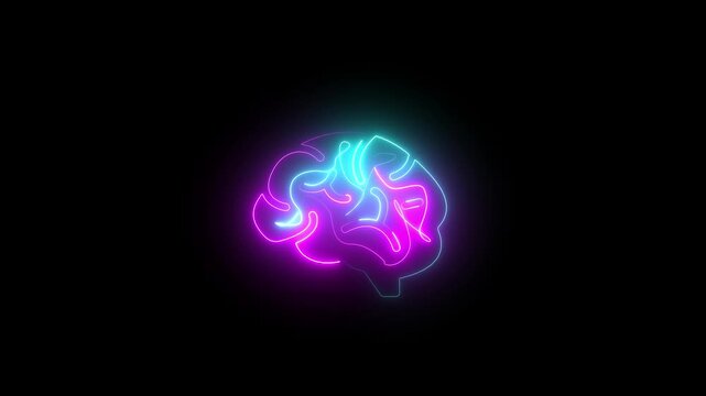 Brian contours. Glowing  brain contours on black background.Low poly wireframe brain with connection dots glowing on black background. Continuous one single line drawing brain icon neon glow .