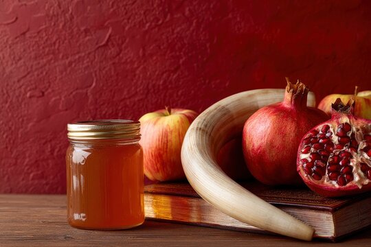 Still life with honey jar apples pomegranates shofar on book against red background