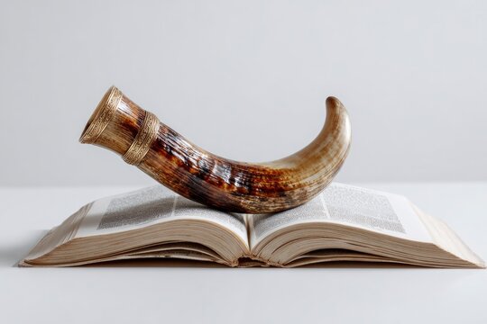 A rams horn or shofar rests atop an open book against a plain white backdrop