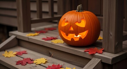 Glowing Jack-o'-Lantern on Wooden Steps Adorned with Autumn Leaves