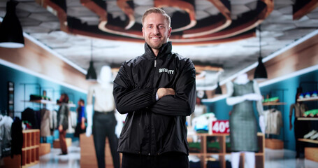 Security Officer Safeguards Mall Store During Retail Event