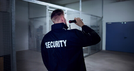 Night Security Officer Using Flashlight