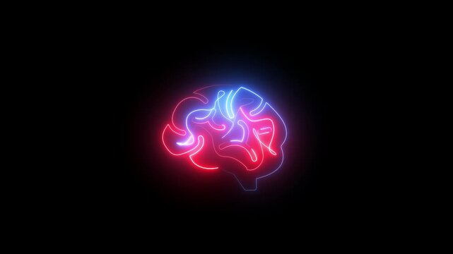 Brian contours. Glowing blue red brain contours on black background.Low poly wireframe brain with connection dots glowing on black background. Continuous one single line drawing brain icon.