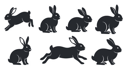 Adorable rabbit silhouettes in various poses for charming logo design or Easter decorations projects