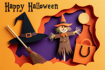 Whimsical Halloween decorations festive paper-cut art featuring a charming scarecrow and classic witch hat.