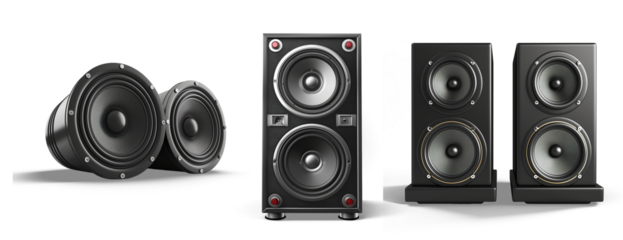 Loudspeakers' Array: A dynamic arrangement showcases various audio speaker models, each meticulously designed to deliver premium sound fidelity and immersive listening experiences.