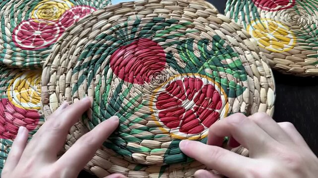 Close Up of Decorative Hand Woven Raffia Coasters with Vibrant Fruit Designs Red Grapefruits and Yellow Lemons on a Flat Surface Perfect for Decoration Table Setting and Promotion