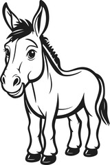 Cartoon Donkey Illustration – Black and White Line Art with Large Ears and Friendly Expression