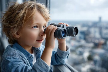 Young child observing city skyline through binoculars while exploring from high-rise building