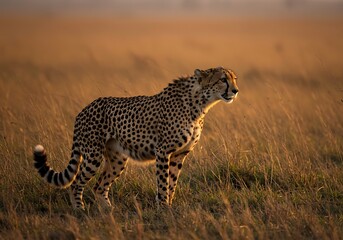 Stunning image of a wild cheetah in its natural habitat, bathed in the soft, warm light of golden hour, looking out over the grassland.