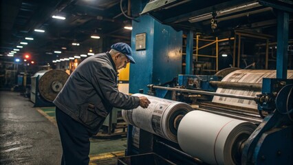 Naklejka premium Man Inspecting Paper Roll on Printing Press in Factory