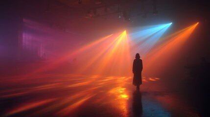 Fototapeta premium A lone figure dancing under a strobe light, minimal club scene
