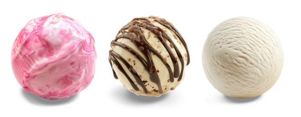 Trio of Tasty Delights: A tantalizing trio of vibrant ice cream scoops, each boasting a unique flavor profile, invites a refreshing indulgence and culinary exploration. 