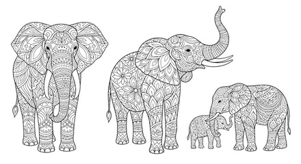 Intricate elephant family coloring page for relaxation and creative fun with detailed line art designs