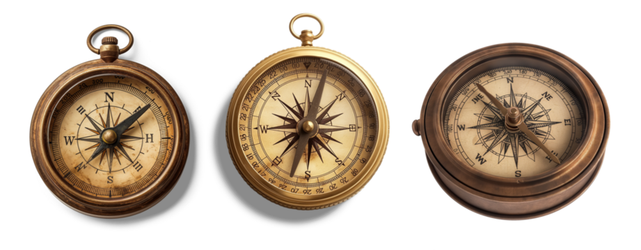 Navigational Trio: Antique compasses, relics of a bygone era, stand as symbols of direction, exploration, and the art of navigation. The finely detailed dials invite a sense of wonder.