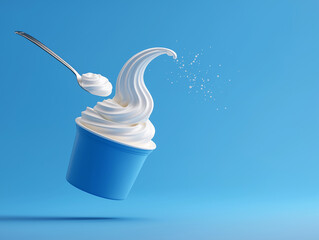 Yogurt cup floating in air with spoon against blue background