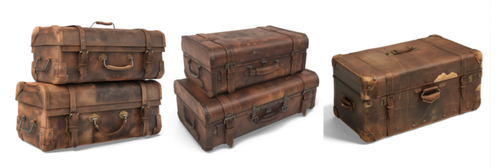 Vintage Travel Luggage: A trio of weathered antique suitcases evoke a sense of travel, adventure, and the romance of exploration. Each piece, aged to perfection, tells a silent tale of journeys past.