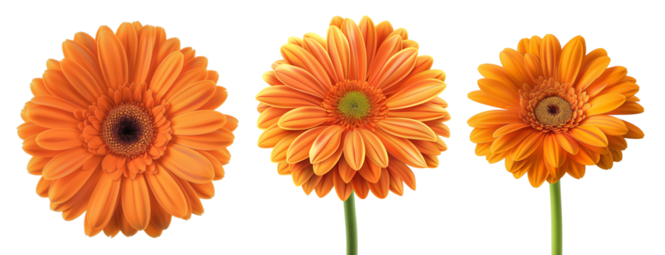 Gerbera Daisies: A trio of vibrant orange Gerbera daisies, radiating freshness and joy. Capture the delicate petals and the flower's simple beauty in a close-up shot.