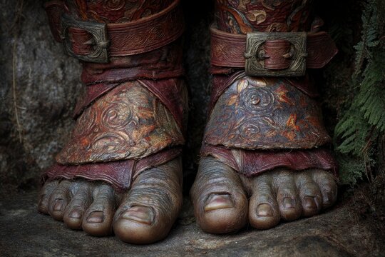 An ogres bare feet adorned with ornate armor and buckles resting on a stone surface amidst earthy surroundings