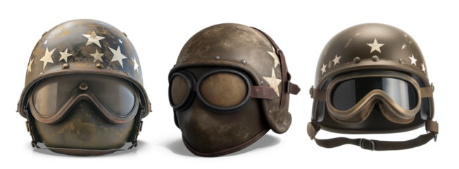 Vintage Aviator Helmets: A trio of vintage aviator helmets, each uniquely adorned with stars and retro goggles, evoking a sense of nostalgia and adventure.