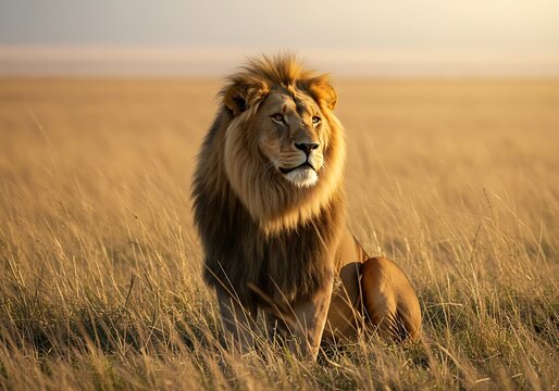 A majestic male lion with a magnificent mane sits in the golden savanna grass, bathed in the warm light of sunset. A powerful symbol of African wildlife.