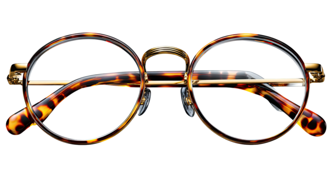 Vintage Spectacles: Close-up of a classic round-framed tortoise shell eyeglasses on display, with its transparent lenses and the intricate design of the temple.