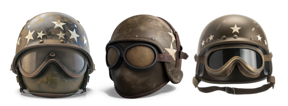 Vintage Aviator Helmets: A trio of vintage aviator helmets, each uniquely adorned with stars and retro goggles, evoking a sense of nostalgia and adventure.
