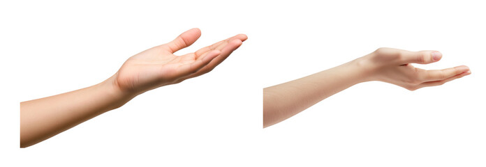 Hand Gestures of Offering: Two different hands, arms outstretched, palms facing upward, express invitation and offering, ideal for design and communication. 