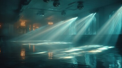 Empty dancefloor with pulsating ambient light, minimal style 