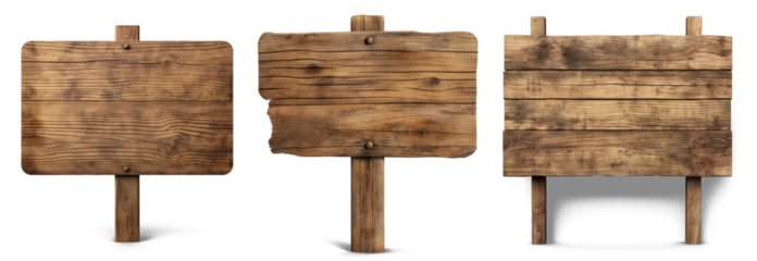 Rustic Signs' Trio: Three weathered wooden signs, each with a unique texture and character, stand as charming reminders of a simpler time, ready to convey your message with enduring style.