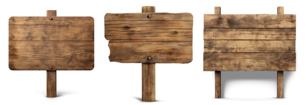 Rustic Signs' Trio: Three weathered wooden signs, each with a unique texture and character, stand as charming reminders of a simpler time, ready to convey your message with enduring style.