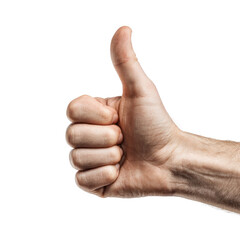 A male hand giving a thumbs-up gesture, isolated on a transparent background. background removed