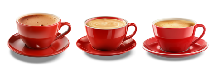 Red Cups of Coffee: A trio of vibrant red coffee cups, each filled with the rich, comforting embrace of coffee, ready to ignite your senses