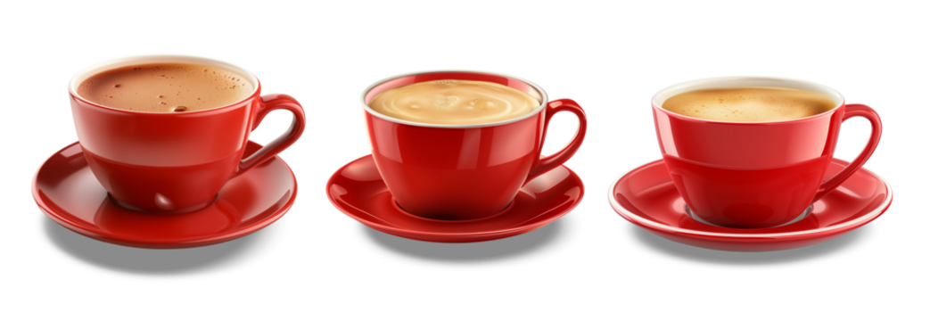 Red Cups of Coffee: A trio of vibrant red coffee cups, each filled with the rich, comforting embrace of coffee, ready to ignite your senses