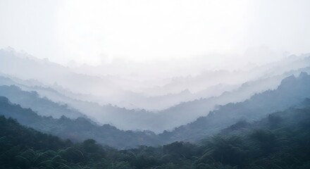 Naklejka premium Serene blue mist cascading through lush forested hills and majestic mountain ranges