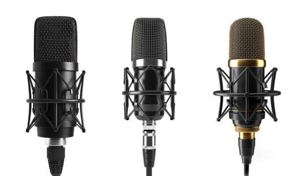 Microphone Array: A sophisticated array of studio-quality microphones, rendered in exquisite detail, poised for recording vocals or instruments, symbolizing clarity and precision in audio.