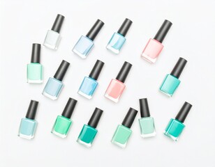 Obraz premium Assortment of pastel-colored nail polish bottles arranged on a white surface, beauty and fashion