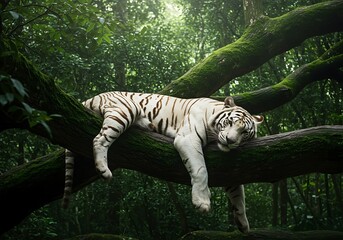 A majestic white tiger lies relaxed on a moss-covered tree branch in a lush, sun-dappled jungle. Its striking white fur and dark stripes stand out in this serene wildlife scene.