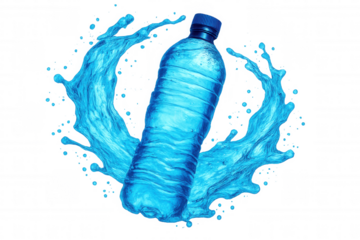 Water bottle in transparent blue plastic featuring swirling liquid splash, highlighting hydration with sleek design against clear background