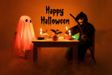 A spooky and whimsical Halloween celebration with a ghost and grim reaper sharing candlelit cupcakes