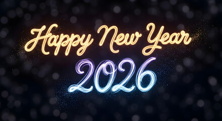 Happy New Year 2026 Glowing Text with Bokeh and Particles on a Dark Background.