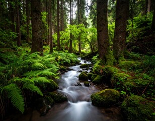 Obraz premium Serene forest stream flows smoothly over moss-covered rocks, lush ferns lining its banks