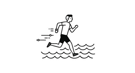 Man running through water, line art illustration of a person jogging across wavy surface © Gado